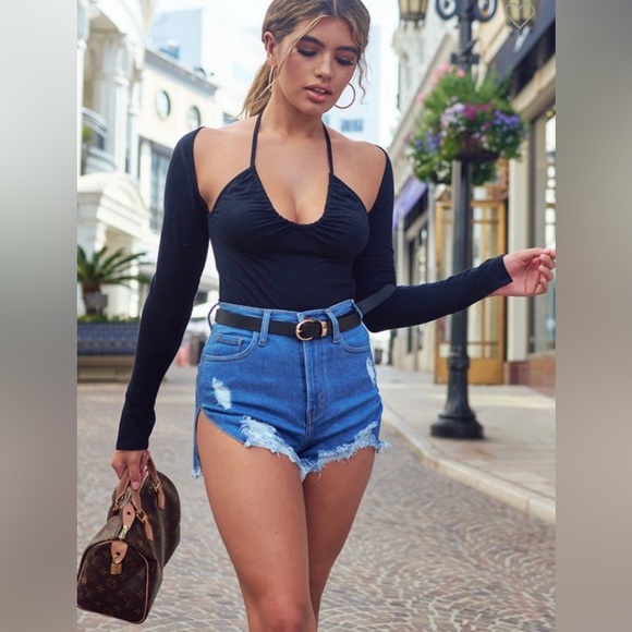 Slit Distressed Denim Shorts - Picture 1 of 3